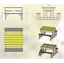 Technische tekening van een kinderzitgroep met zandbakfunctie en afmetingen