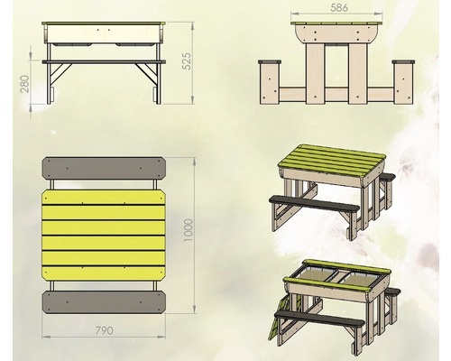 Technische tekening van een kinderzitgroep met zandbakfunctie en afmetingen