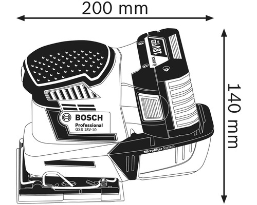 Afbeelding van de Bosch Professional GSS 18V-10 accuschuurmachine met afmetingen: 200 mm breed, 140 mm hoog