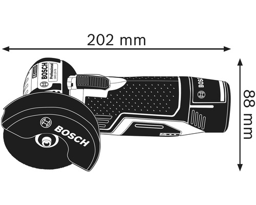 Bosch haakse slijper met afmetingen: 202 mm lengte en 88 mm hoogte.