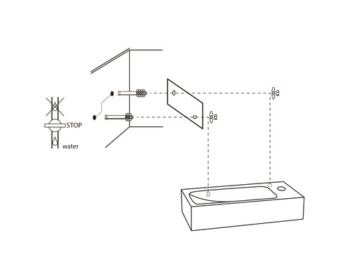 Installatieschema voor een ligbad met wateraansluiting en bekleding.