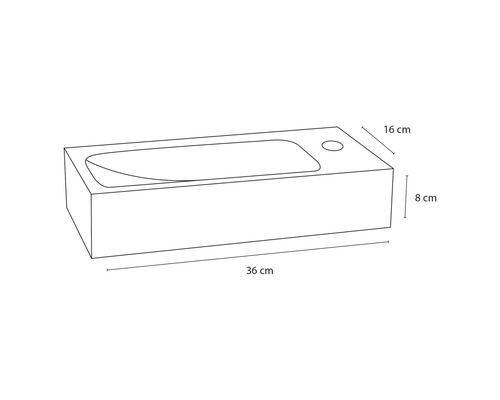 Schets van een wastafel met de afmetingen 36 cm lengte, 16 cm breedte en 8 cm hoogte.