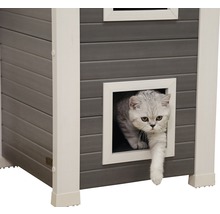 Kat betreedt een grijs kattenhuis met wit frame