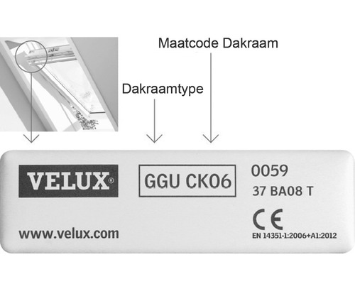 Velux dakraamtypeplaatje met maatcode