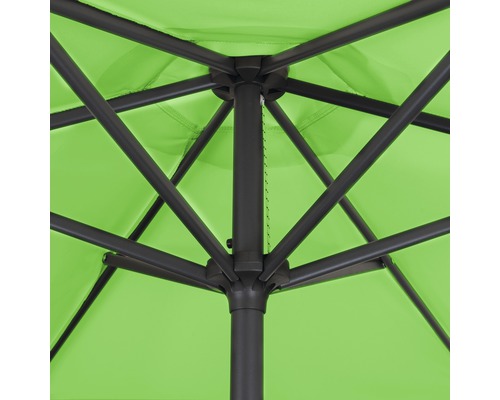 Detailaanzicht van de onderkant van een open, groen parasol met een zwart frame