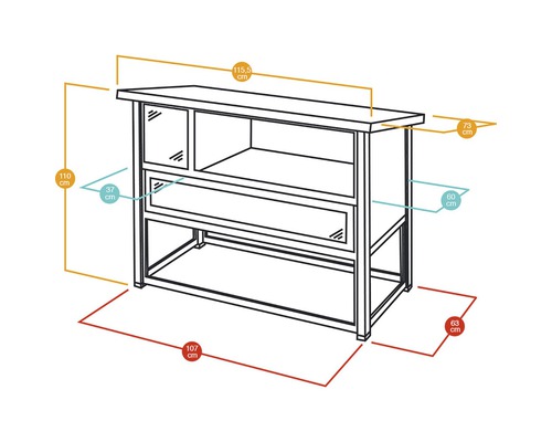 Technische tekening van een dressoir met afmetingen