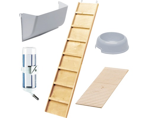 Accessoires voor kleine huisdieren: hoektoilet, houten ladder, waterdispenser, voerbak en houten plank