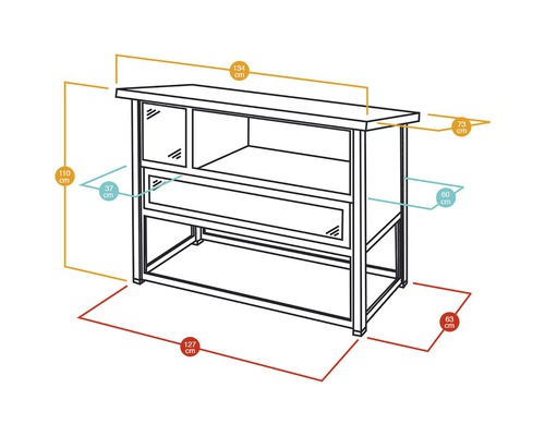 Maattekening van een consoletafel met plank en verschillende afmetingen in centimeters