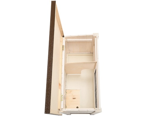 Open houten vleermuizenhuis met meerdere compartimenten.