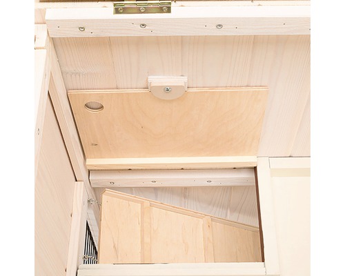 Binnenaanzicht van een onbehandeld houten product met klep en nestkast.