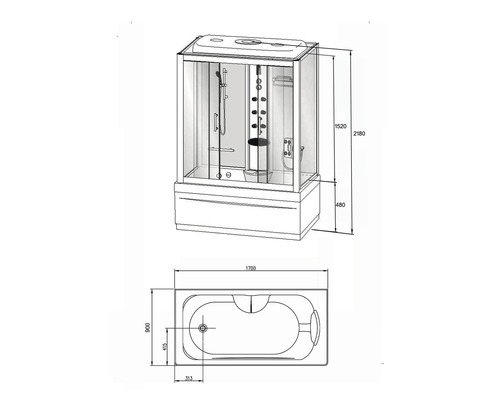 Tekening van een douchecabine-badcombinatie met maataanduidingen