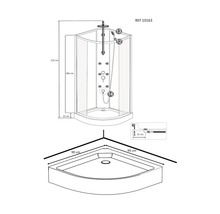 Technische tekening van een douchecabine met afmetingen