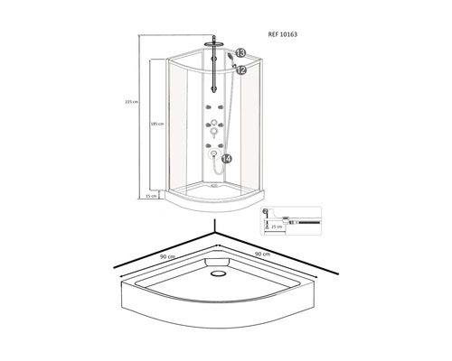 Technische tekening van een douchecabine met afmetingen