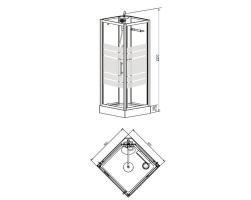 Technische tekening van een douchecabine met afmetingen