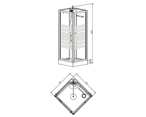 Technische tekening van een douchecabine met afmetingen