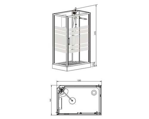Technische tekening van een douchecabine met afmetingen