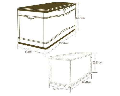 Technische tekening van een opbergbox met afmetingen