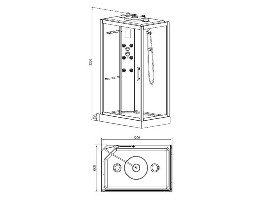 Technische tekening van een douchecabine met maatvoering.