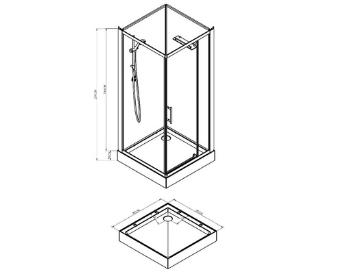 Technische tekening van een douchecabine met afmetingen