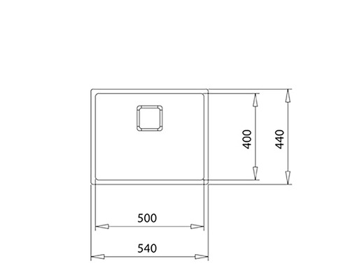 Technische tekening van een spoelbak met maatvoering.