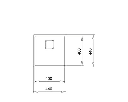 Tekening van een spoelbak met de afmetingen 400 bij 400 millimeter en 440 bij 440 millimeter.