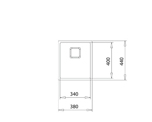 Tekening van een spoelbak met afmetingen