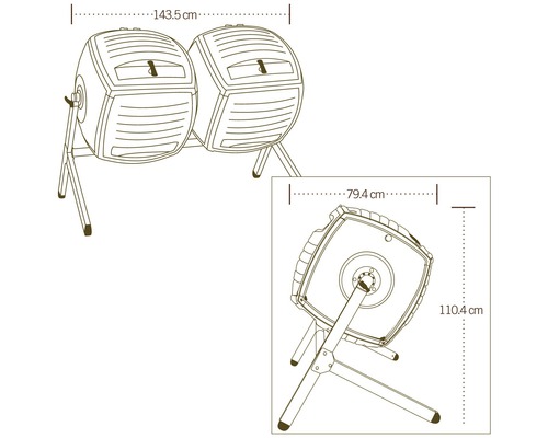Dubbele kamercomposteerder met afmetingen van 143,5 cm lengte, 79,4 cm breedte en 110,4 cm hoogte.