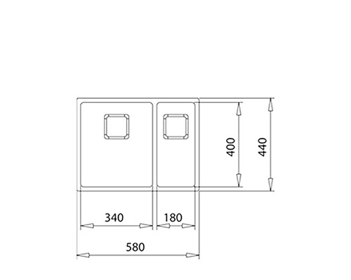 Technische tekening van een spoelbak met twee bakken en maatvoering.
