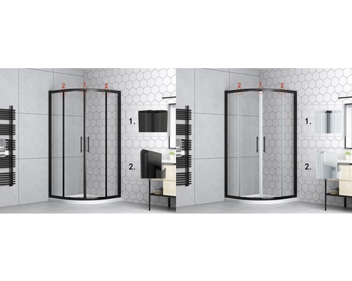 Hoekdouche met zwart of wit frame en details van bevestigingscomponenten