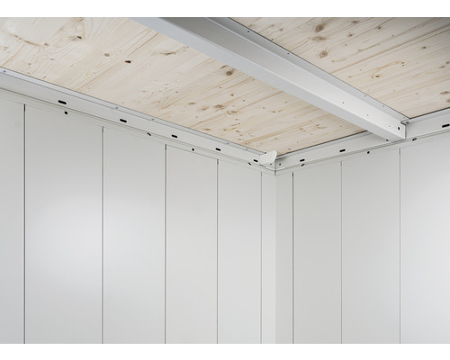 Binnenaanzicht van een tuinhuis met houten plafond en wandelementen