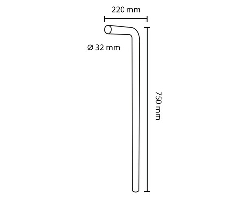 Afvoerpijp met een diameter van 32 millimeter en een lengte van 750 millimeter en een breedte van 220 millimeter
