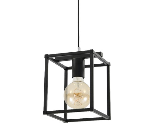 Zwarte hanglamp met kubusvormige lampenkap en gloeilamp