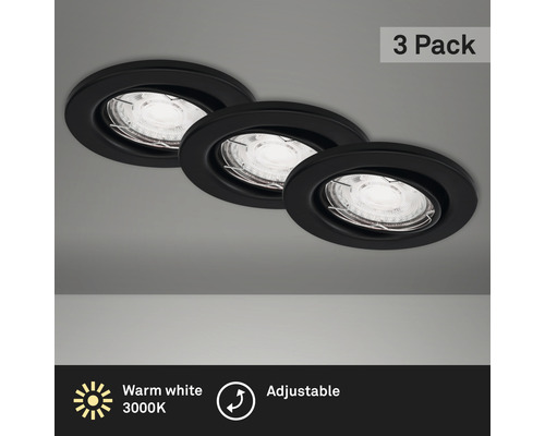 Drie zwarte inbouwspots, warm wit en verstelbaar