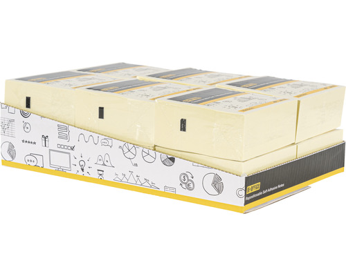 Stapel zelfklevende notities in kartonnen doos