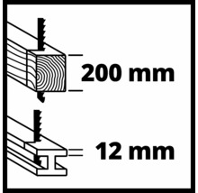 Snijdiepte 200 millimeter in hout, 12 millimeter in staal
