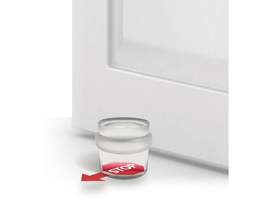 Deurstopper van transparant materiaal met rood stopbord voor een deur