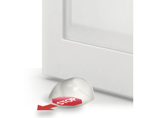 Deurstopper met stopbord onder een deur