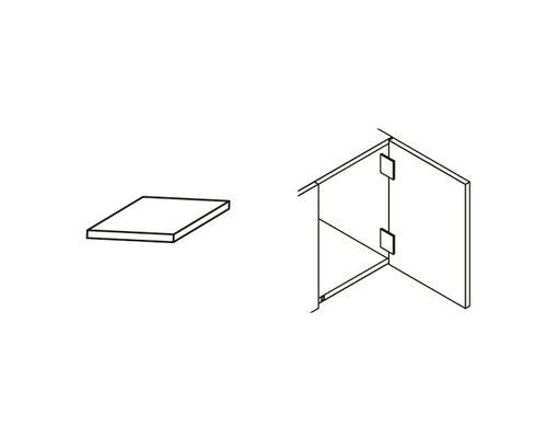 Schematische weergave van een douchewand met hoekinstap en een vierkante doucheplank