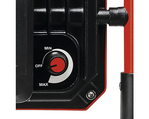 Detailopname van een bouwlamp met een draaiknop voor het instellen van minimale tot maximale helderheid en een uit-functie