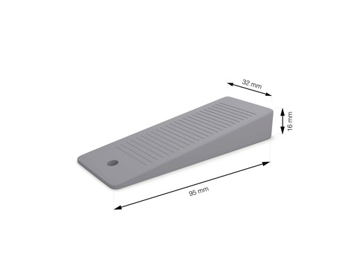 Grijze deurstopper met afmetingen 95 mm x 32 mm x 16 mm