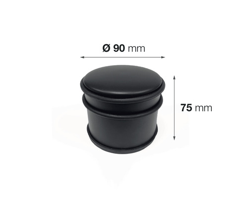 Zwarte deurstopper met een diameter van 90 millimeter en een hoogte van 75 millimeter