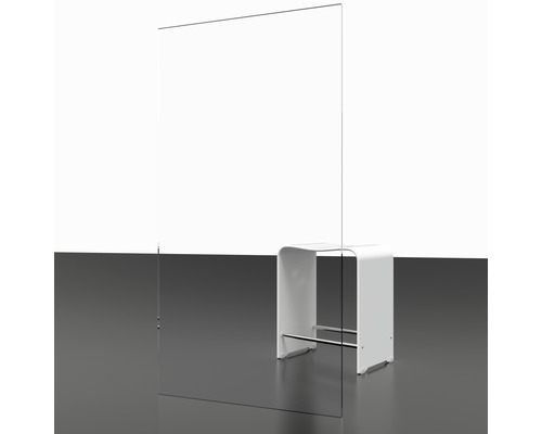 Vrijstaande transparante beschermwand van glas met stoel