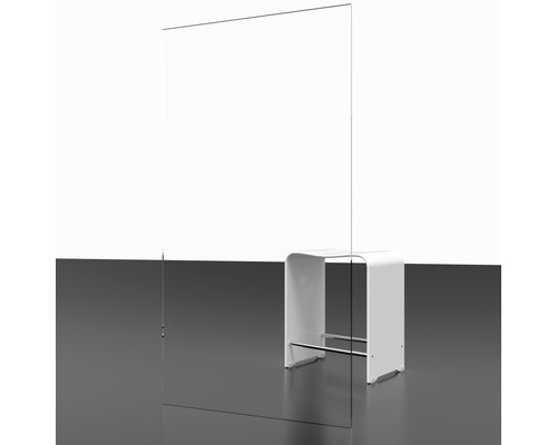 Helder acrylglas scherm naast een witte kruk