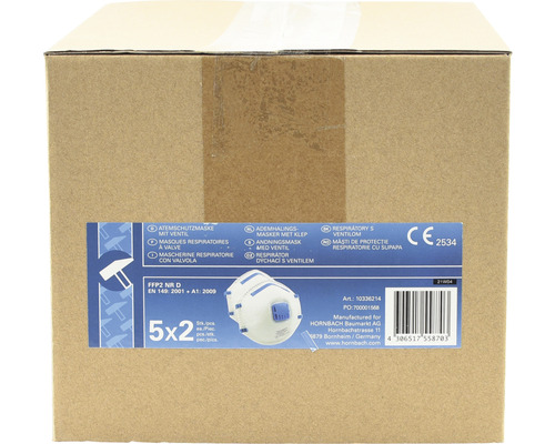 Verpakking met 10 ademhalingsmaskers FFP2 NR D met ventiel volgens EN 149: 2001 + A1: 2009