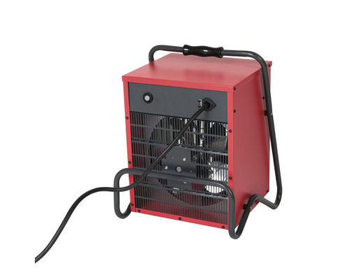 Rode elektrische kachel met zwarte kabel en handgreep