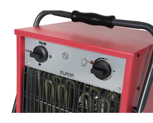 Gedetailleerde weergave van een elektrische kachel met bedieningselementen en EUROM logo.