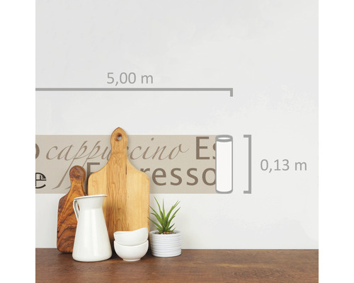 Muursticker met koffiemotief, afmetingen 5,00 m x 0,13 m