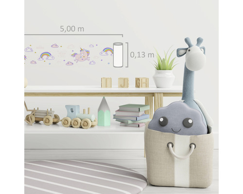 Kinderkamer met rand met eenhoorn, wolken en regenbogen, lengte vijf meter en breedte 0,13 meter