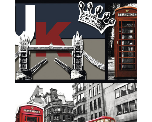 Collage met afbeeldingen uit Groot-Brittannië: Tower Bridge, telefooncel en kroon