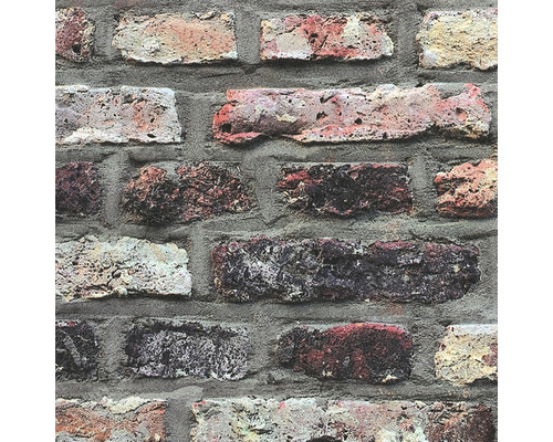 Close-up van een behang met baksteenmotief en grijze voegen